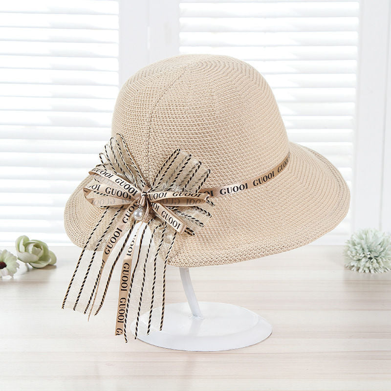 New Boutique Pearl Bow Hat Female Beauty Goddess Travel Resort Must-Have Sun Hat