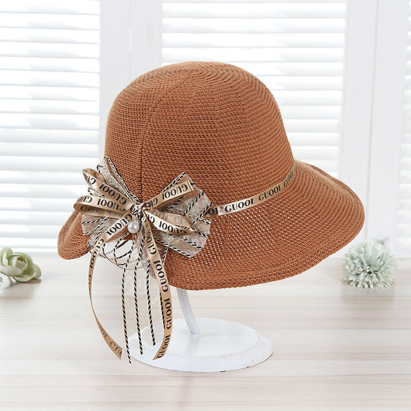 New Boutique Pearl Bow Hat Female Beauty Goddess Travel Resort Must-Have Sun Hat