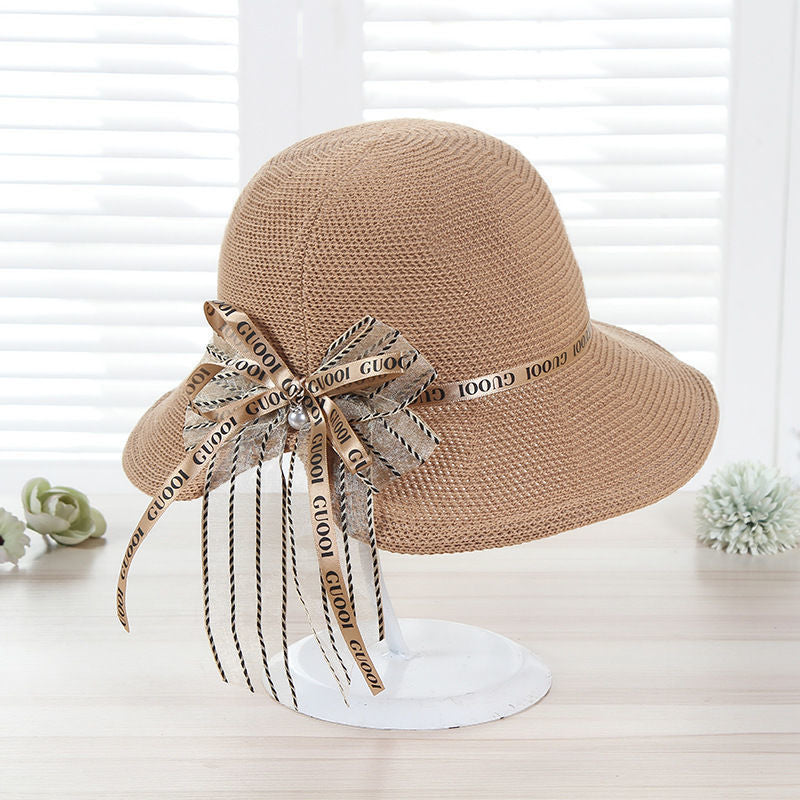 New Boutique Pearl Bow Hat Female Beauty Goddess Travel Resort Must-Have Sun Hat