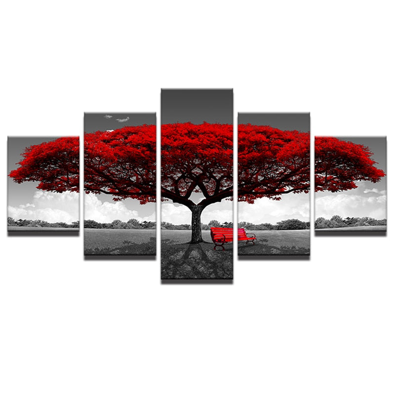 5-Piece Red Tree Landscape Canvas Wall Art