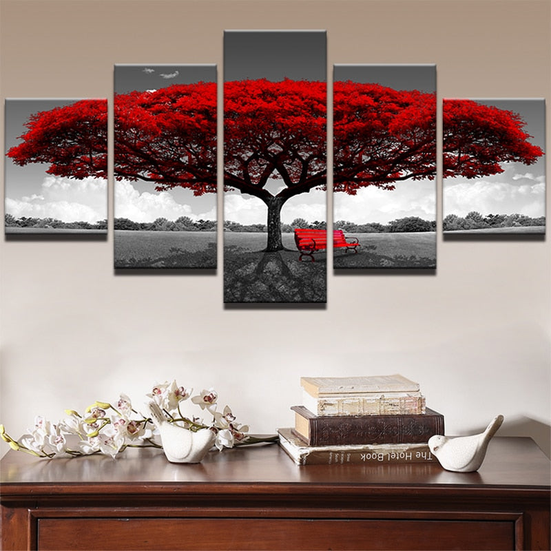 5-Piece Red Tree Landscape Canvas Wall Art