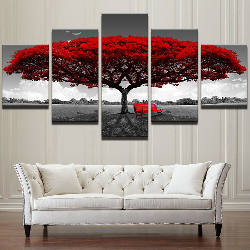 5-Piece Red Tree Landscape Canvas Wall Art