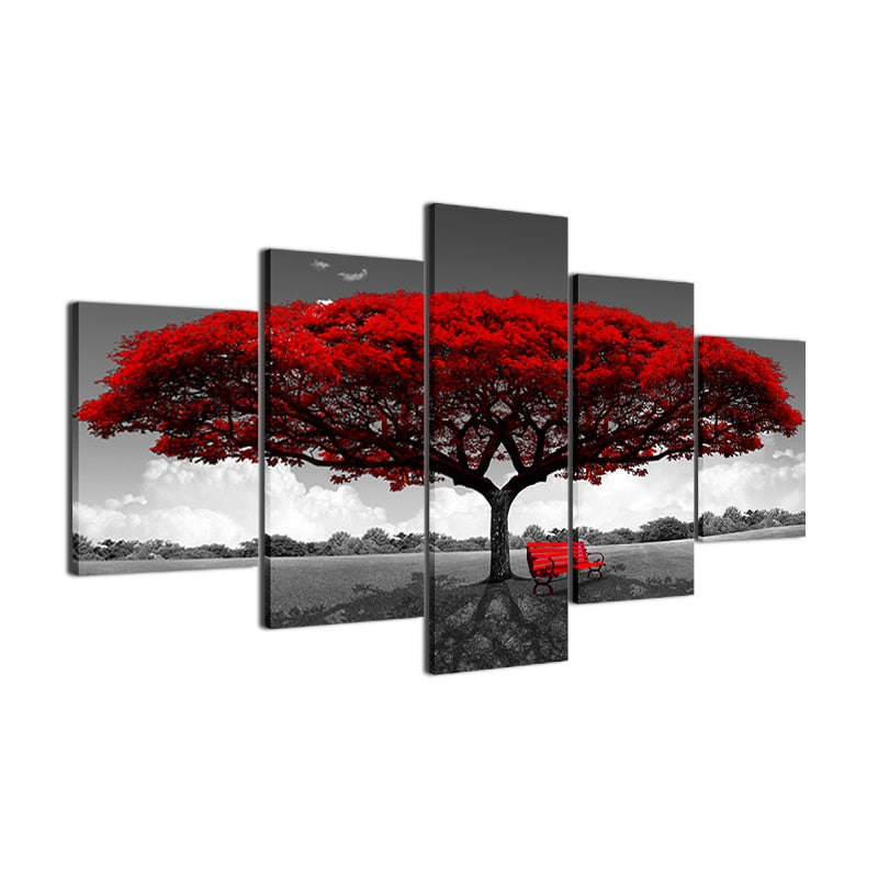 5-Piece Red Tree Landscape Canvas Wall Art