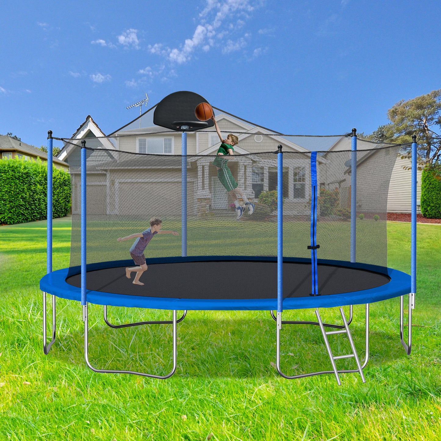 14FT Outdoor Trampoline with Basketball Hoop & Safety Net