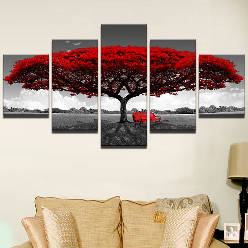 5-Piece Red Tree Landscape Canvas Wall Art