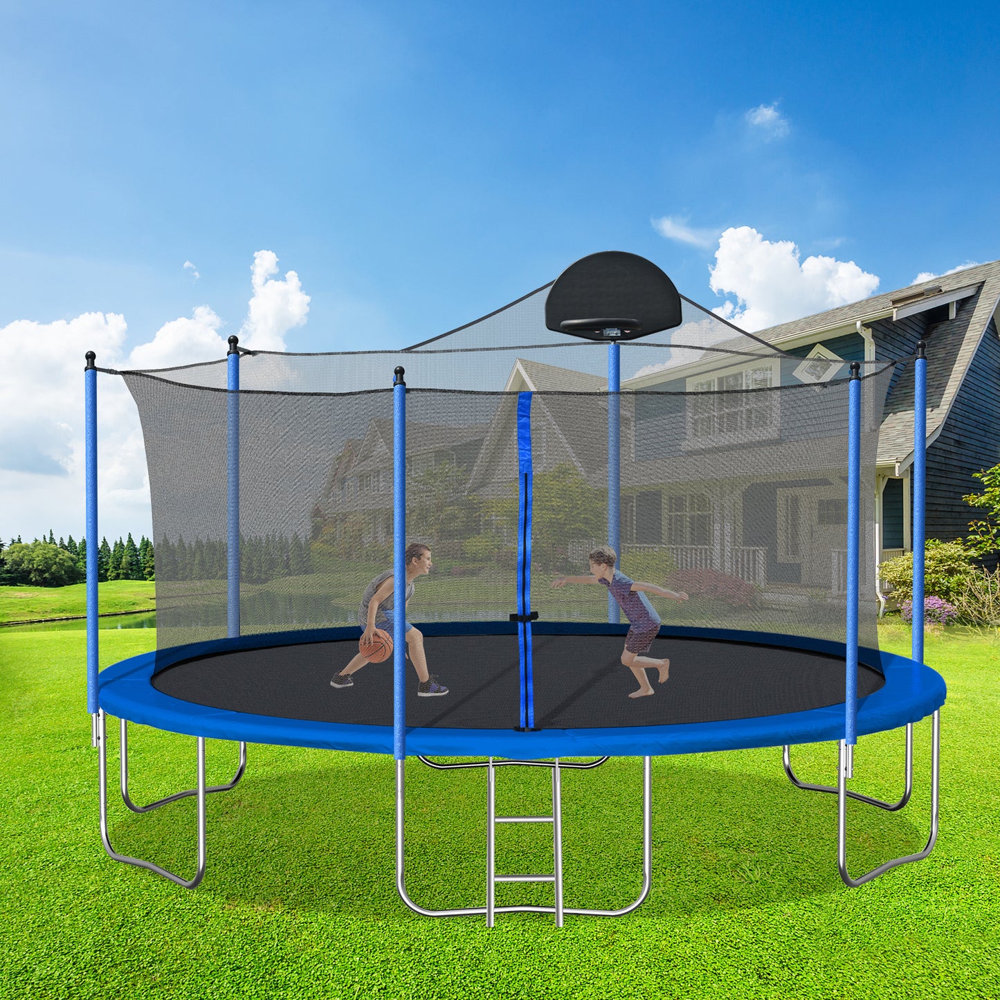 14FT Outdoor Trampoline with Basketball Hoop & Safety Net