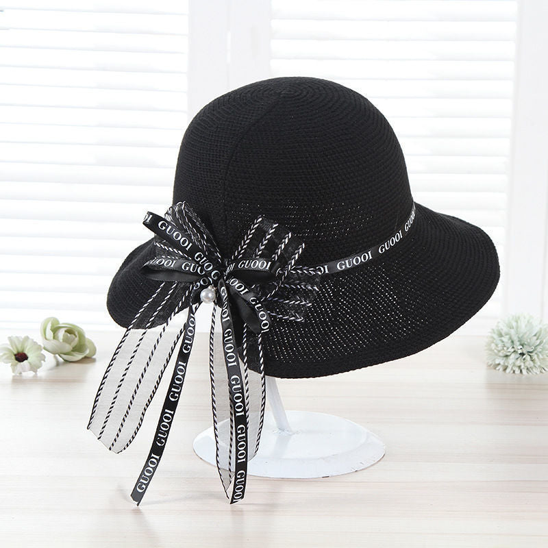 New Boutique Pearl Bow Hat Female Beauty Goddess Travel Resort Must-Have Sun Hat