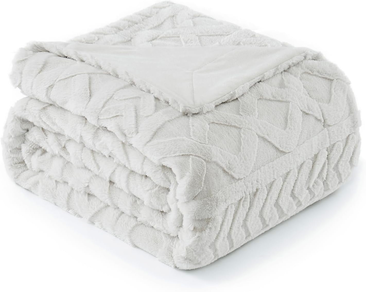 Faux Fur Throw Blanket for Couch, Jacquard Fuzzy Plush Soft Thick Winter Throw Blanket for Sofa Bed Living Room Bedroom,60"X80" Beige