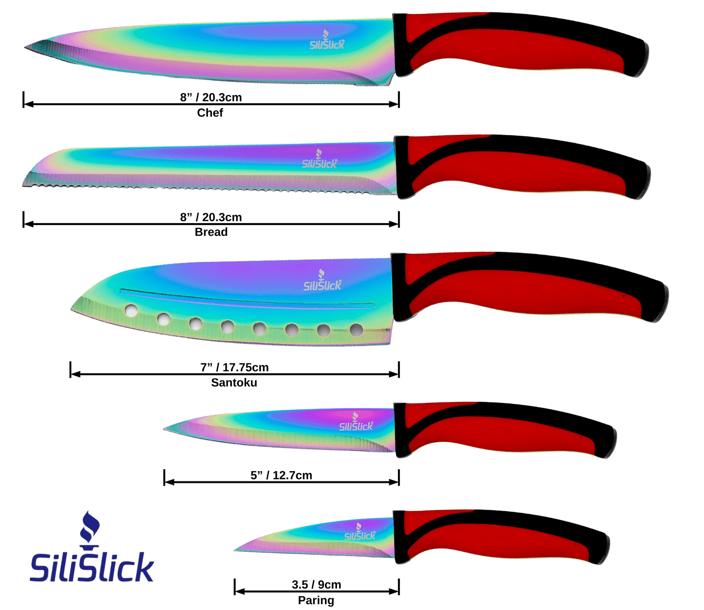 Kitchen Knife Set Kit | Red Handle & Black Magnetic Rack